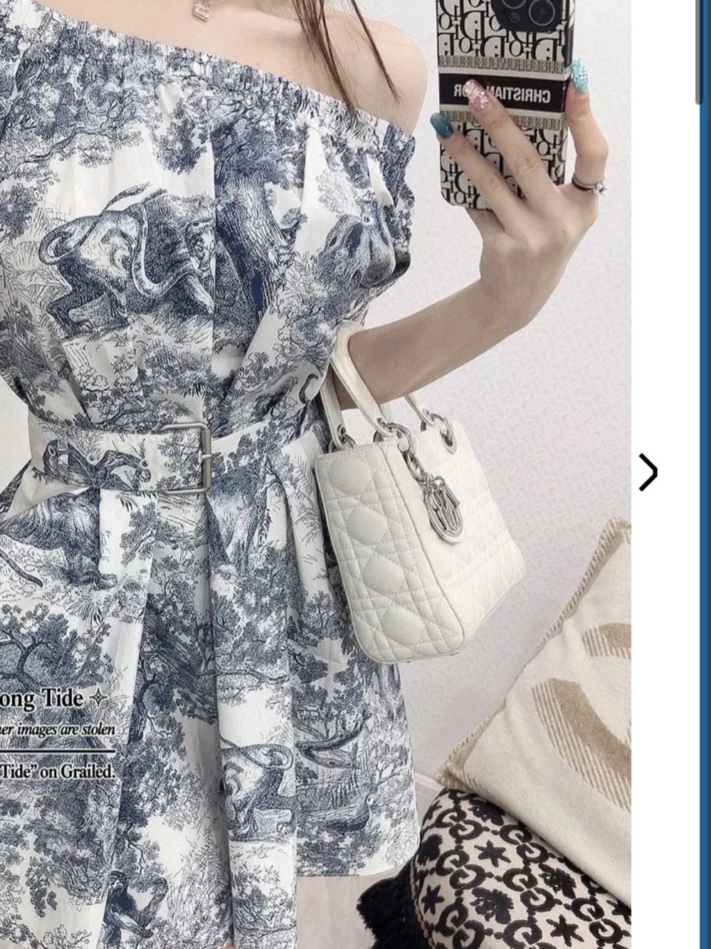 Blue and White Toile Off-Shoulder Dress